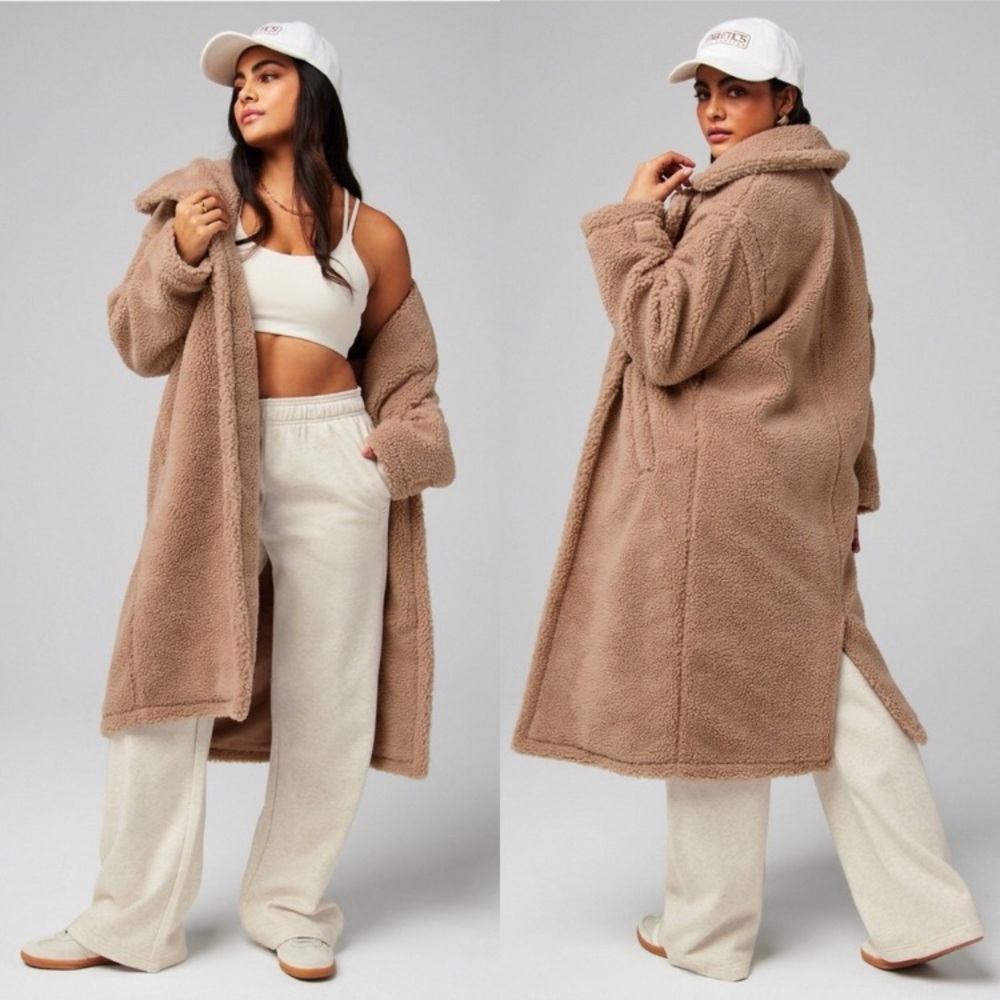 NWT Fabletics Teddy Long Coat Jacket Taupe Tan Women’s M Cozy